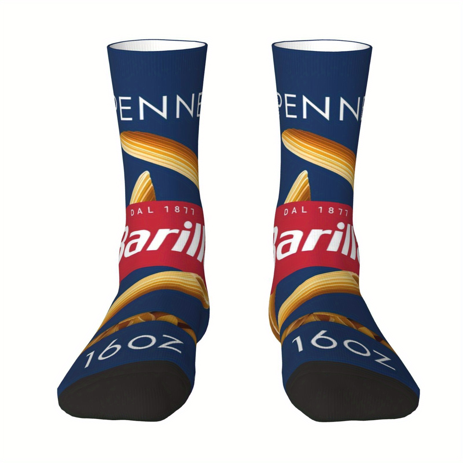 TEMU 1 Pair Of Fun Pasta Print Socks - Digital Printing, Penne Pasta Food Packaging , Stylish Socks, Breathable Polyester Blend Fabric, Machine
