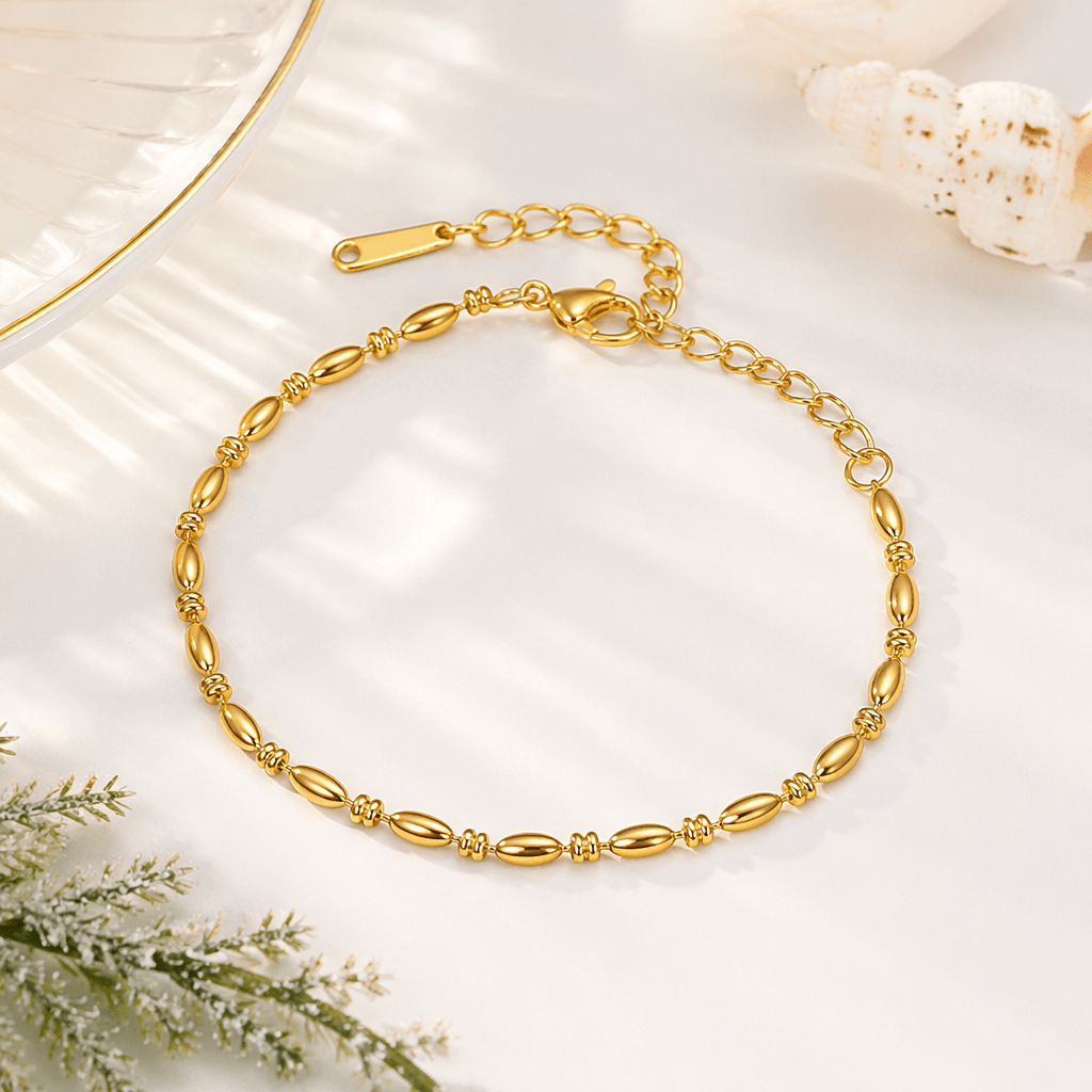 Oval Bead Golden Chain Bracelet, Elegant Bridal Gift