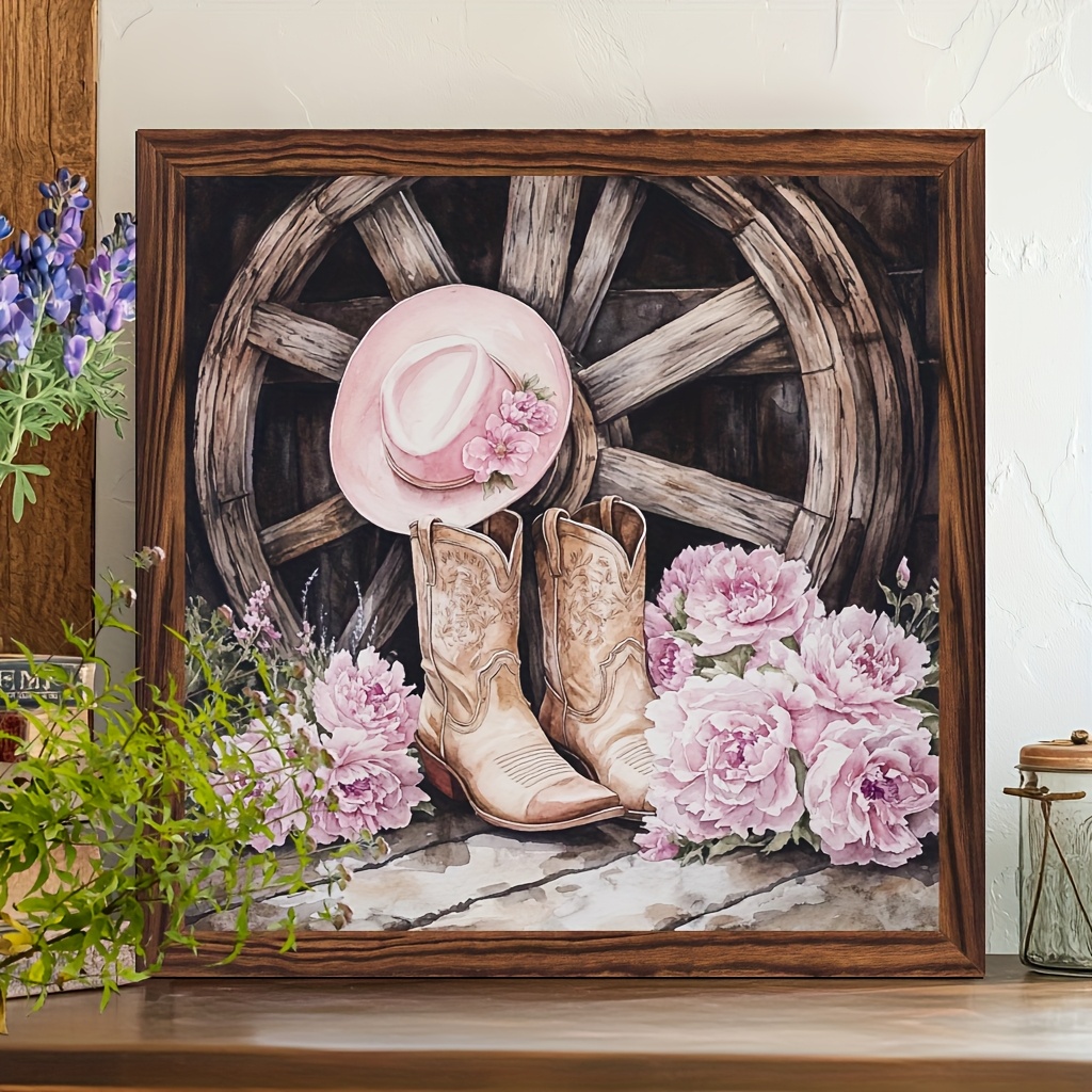 TEMU 2d Flat, 1pc Rustic Style Watercolor Cowboy Boots And Peony Pink Hat Wooden Hanging Sign - Farmhouse Decor, Suitable For Living Room, Bedroom,