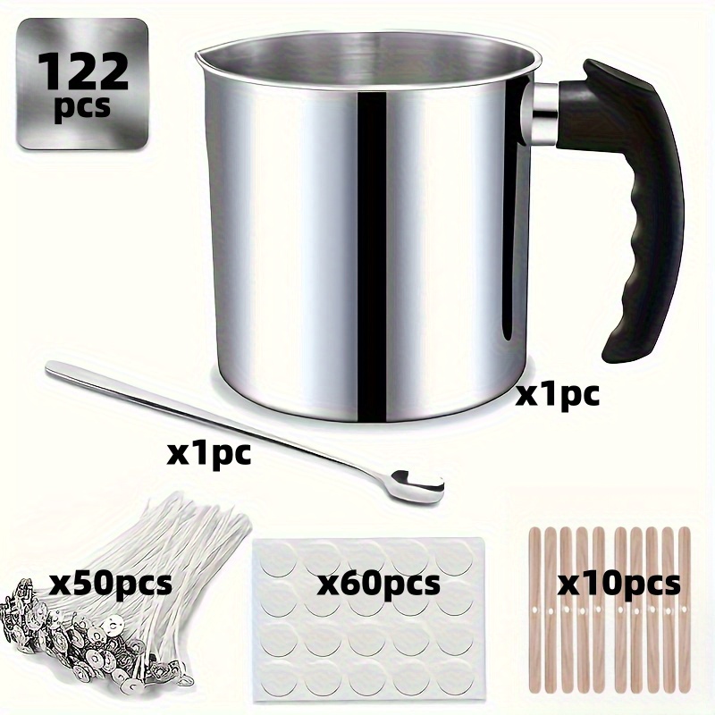 Image of 122pcs/1 Set Of Diy Candle Making Kit Supplies, Including 1 43.96 Ounce Candle Making Pouring Pot, 10 Wooden Candle Wick Holders, 50 Candle Wicks, 50 Wick Stickers, And 1 Spoon
