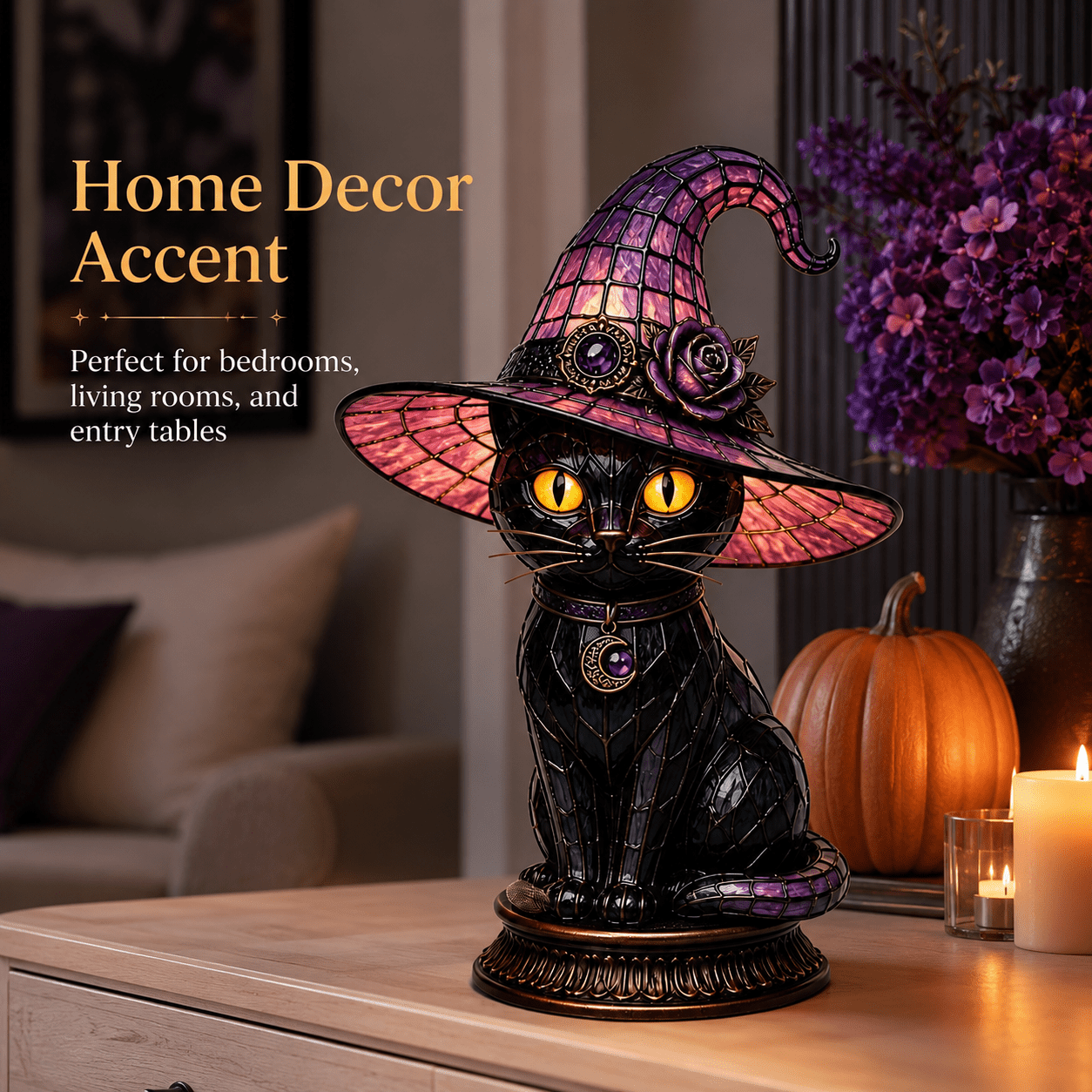 TEMU 1pc Stained Glass Effect Witch Night Light, Resin Mosaic Cat Figurine Lamp, Gothic Halloween Desktop Ornament Light For Bedroom Room Home Decor