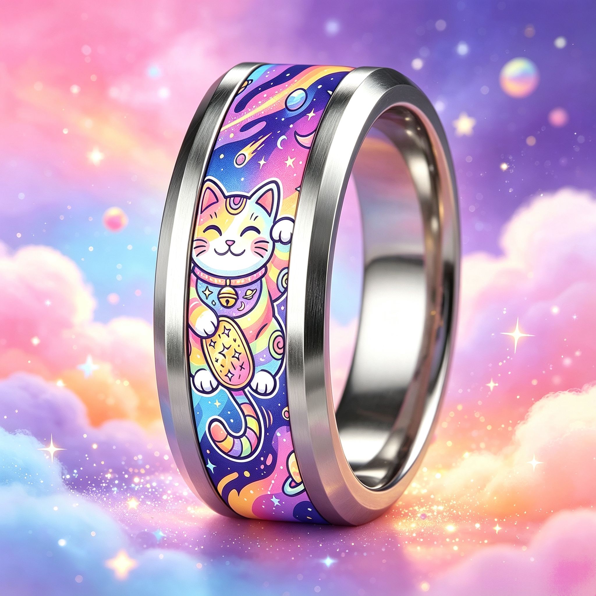 Rainbow Starry Sky Lucky Cat Cartoon Wide Ring