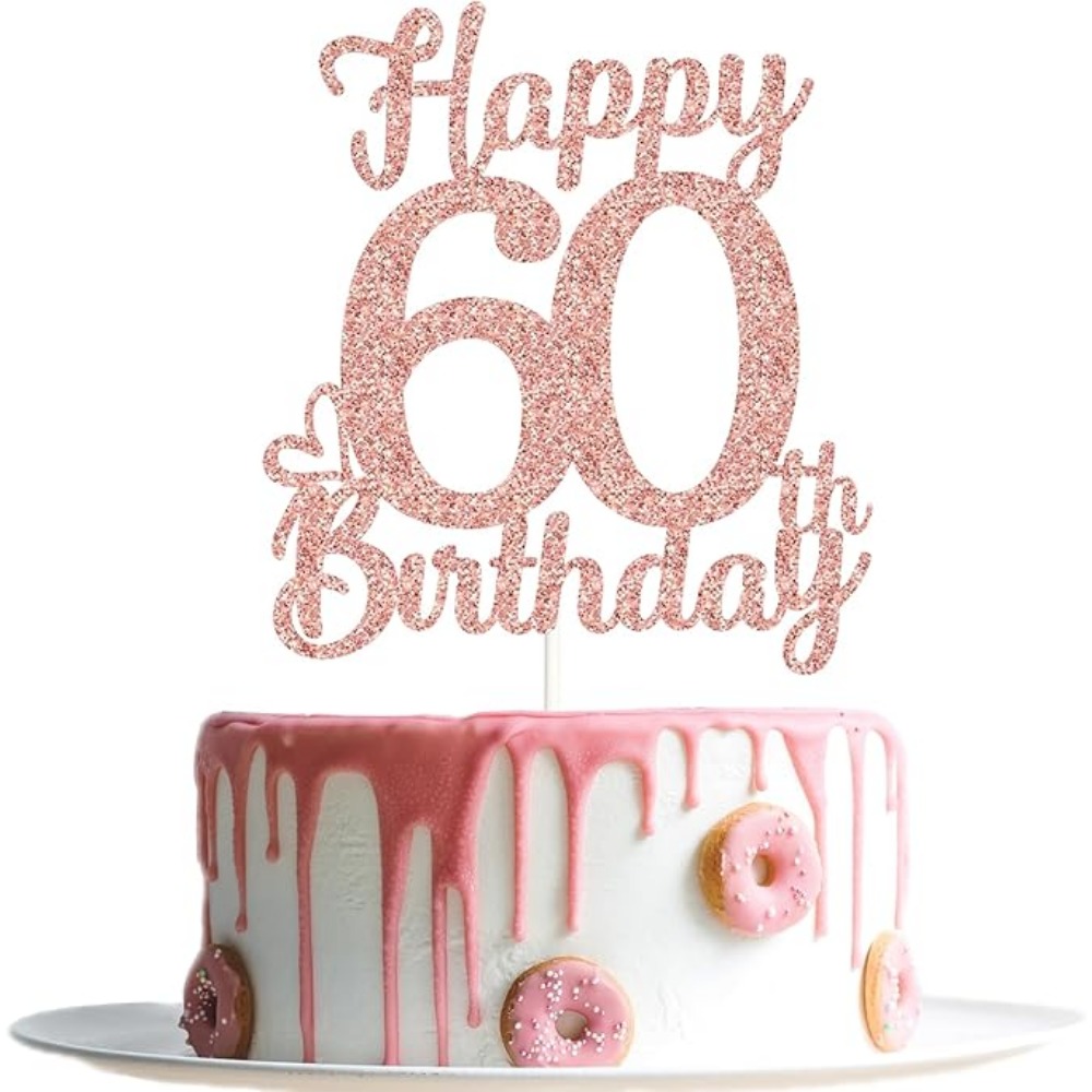 TEMU 60th Birthday Cake Topper - Rose Golden Glitter, Happy 60th Birthday Cake Topper For Girls, 60 Cake Topper For Girls, 60th Birthday Decorations