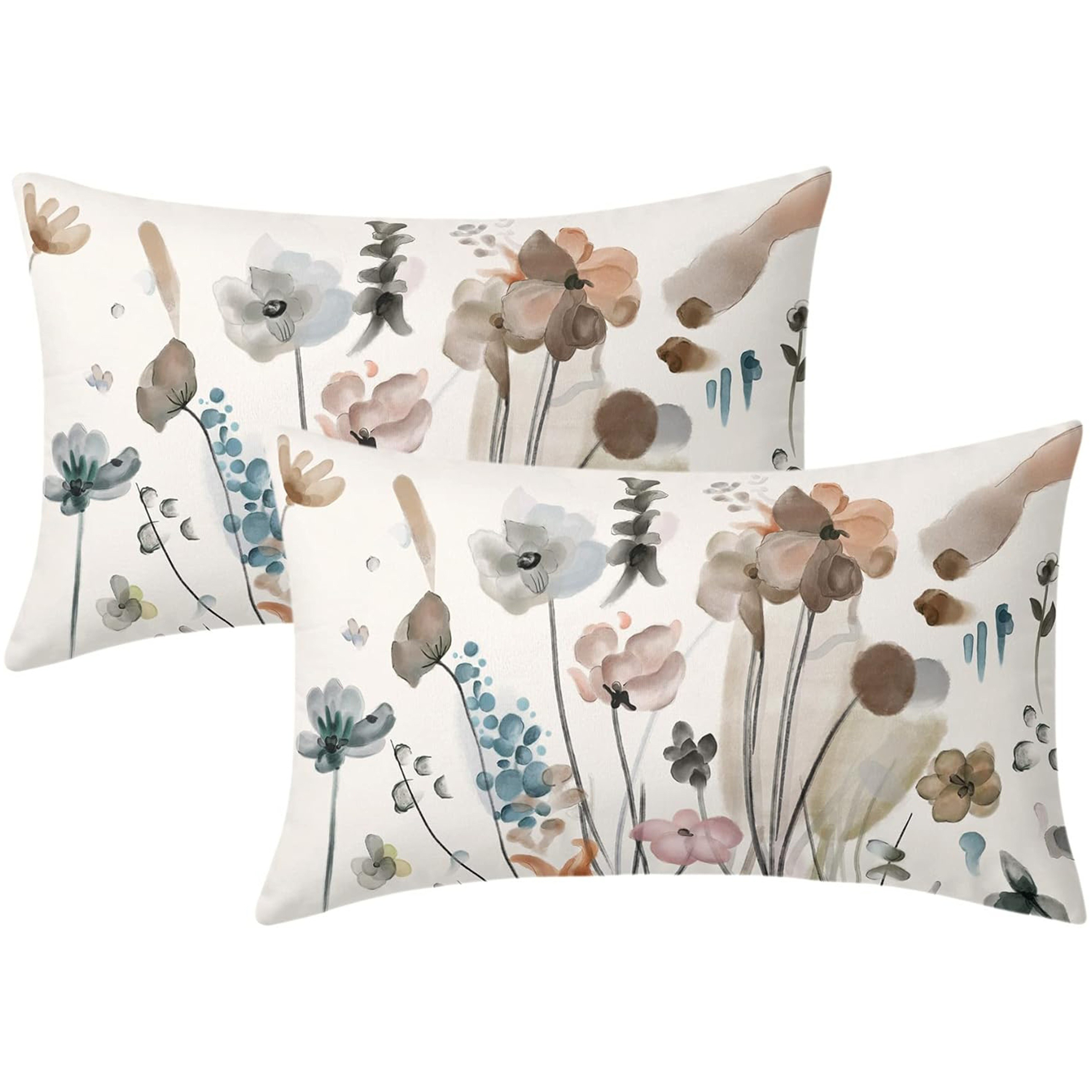 TEMU 2pcs Brown Cream Gray-blue Floral Pillowcases 30.48x50.8cm Watercolor Floral Lumbar Pillow Covers, Rustic Abstract Modern Pillowcases,