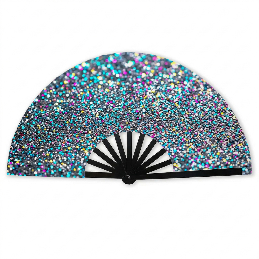 TEMU 1pc Abstract Folding Hand Fan Holographic Silvery Glitter Portable Handheld Cooling Fan For , Durable Plastic Fan For Music Festivals, Raves,