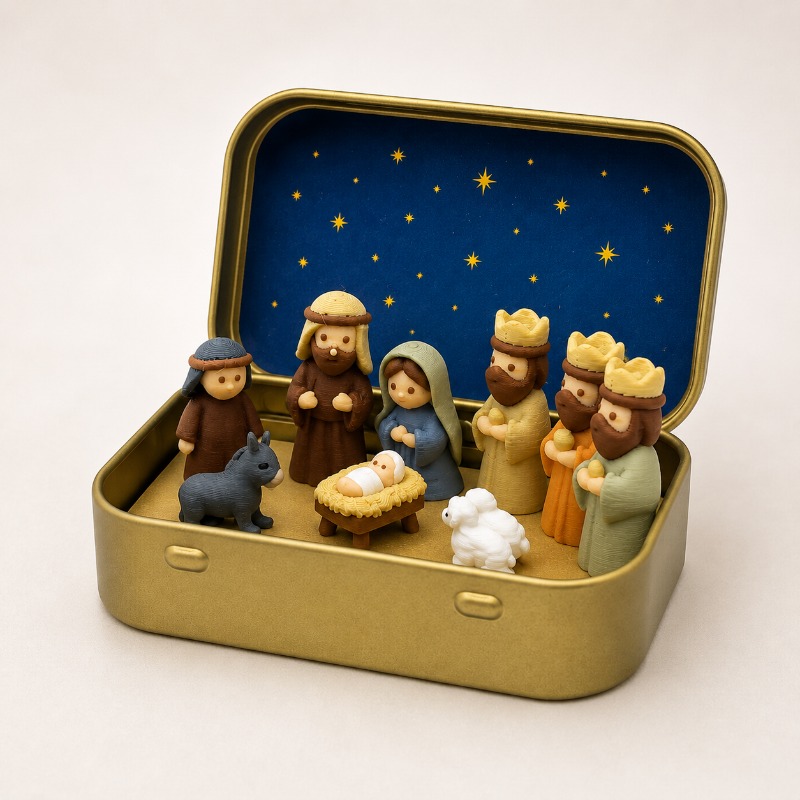 TEMU Pocket-sized Nativity Scene Figurine, Packaged In A Metal Box. This Miniature Nativity Scene Includes Figures From The Holy Family, , Shepherds,