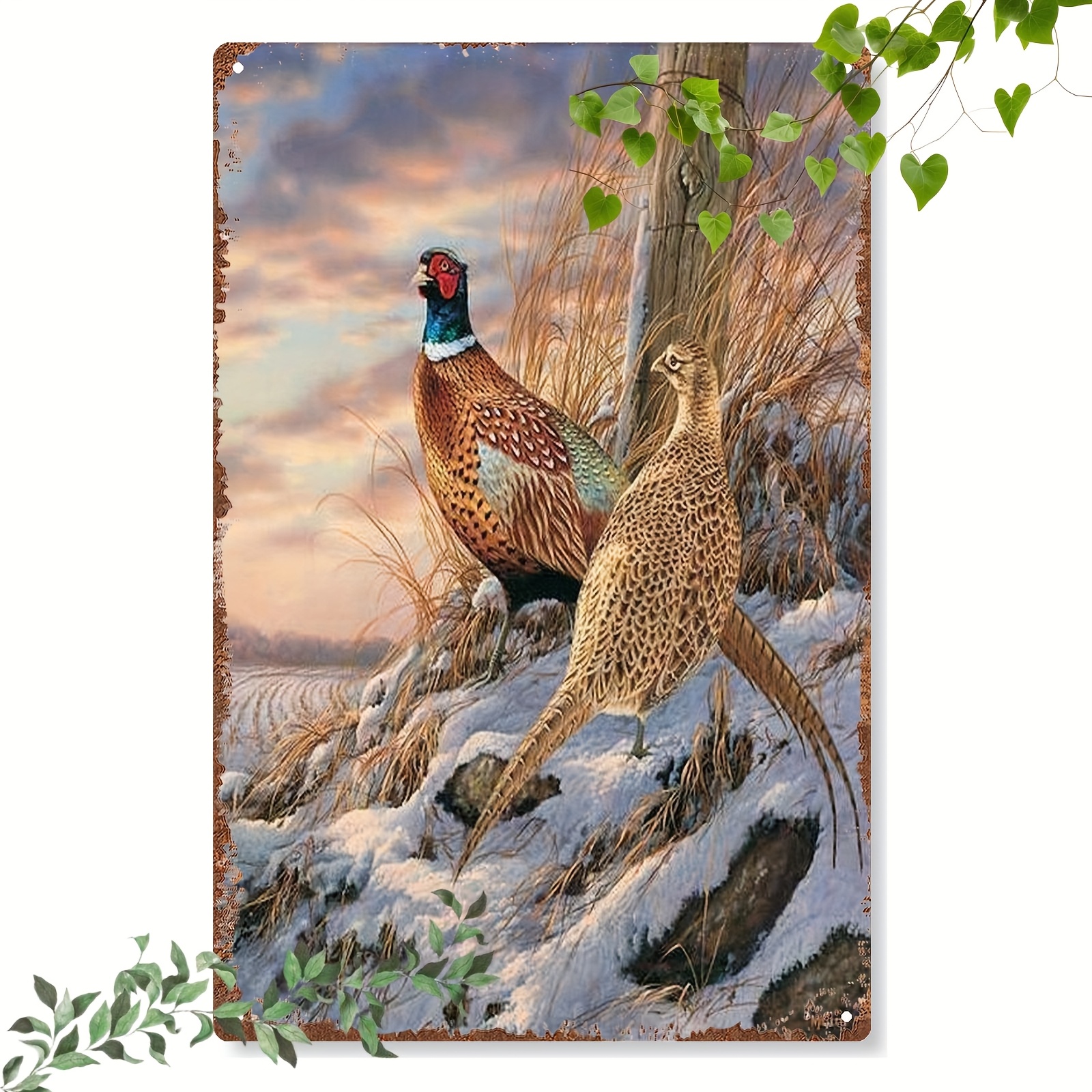 TEMU 2d Flat, Vintage Pheasant & Pheasant Bird Metal Wall Plaque - Rustic Wall Suitable For Cabin, Or Room Decor - Winter Scene With Tones, 2d Flat