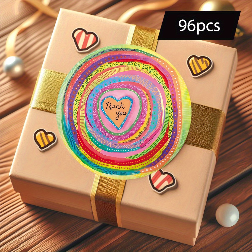 TEMU 96pcs Of Round Stickers Featuring A "colorful Gratitude" Theme, With Detailed Patterns And Heart Designs, Ideal For Creative Thank-you Notes,