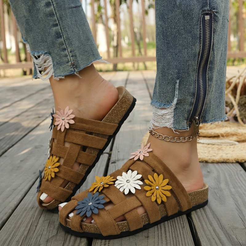 womens summer breathable casual mule flat comfortable vintage floral woven slides half toe outdoor casual flip flops women shoes