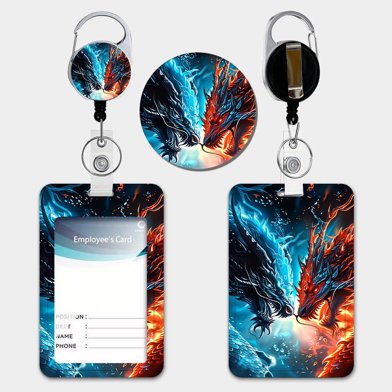 TEMU Dual Dragons Duel Pattern, Blue And Red, Eastern Mythology Style. Id Protector Case With Easy-pull Retractable Lanyard And Keychain. Durable