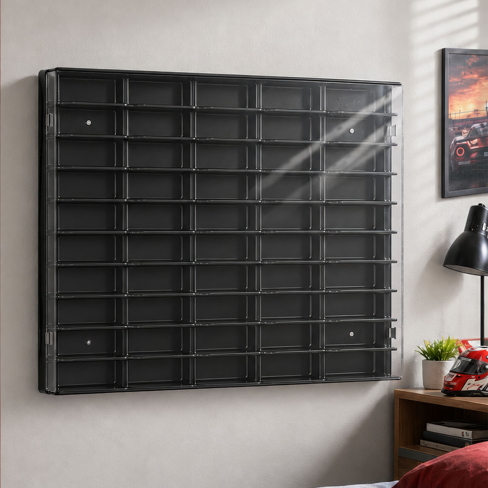 Image of A Display Case For 50 Slots With A Scale For Alloy Cars, Featuring A Transparent Dust-proof Door. This Model Car Storage Rack Space And Makes An Ideal Gift For Collectors