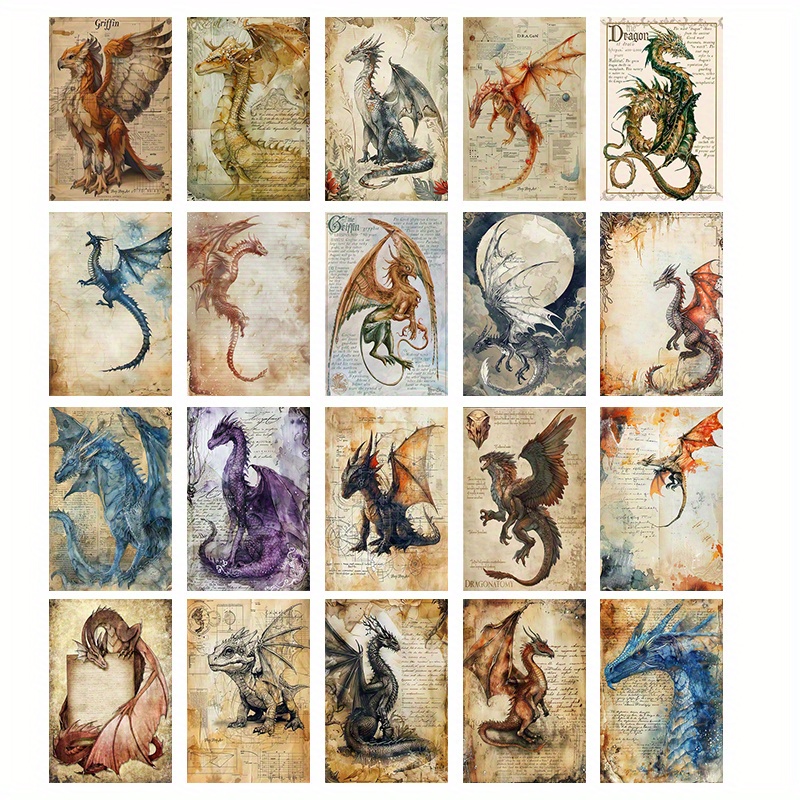 Image of Set Of 20 Designed Postcards Featuring A Vintage Abstract Cartoon Dragon With Wings, Perfect For Decorating Walls, Dorm Rooms, Bedrooms, And Desks. An Ideal Gift For And