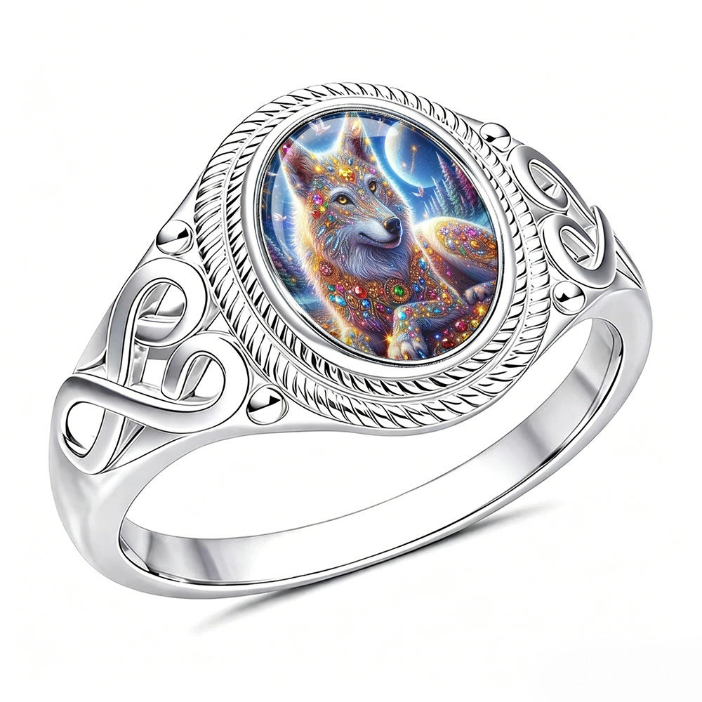 TEMU Fashion Silvery Hollow Out Women's Ring, Oval Cut Wolf Print Jewelry, Perfect Gift For Holidays, Engagement Wedding Ring