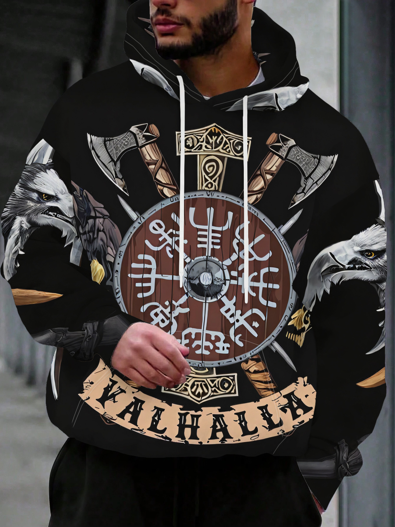 Men's Trendy Street Style Hoodie With Nordic Eagle Axe Patch_voghion.com