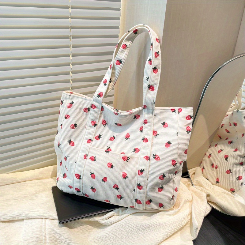 TEMU New Women's Strawberry Corduroy Tote Bag - Large Capacity Zip Closure And Comfortable Shoulder Straps, Durable Spacious Fashion Shoulder Bag,