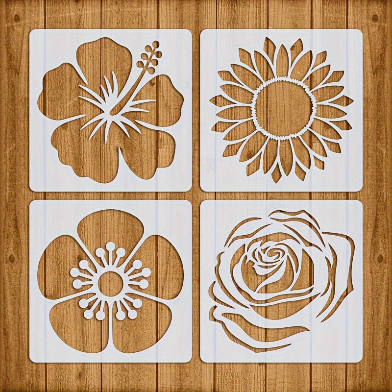 TEMU 4pcs Set Of Floral Craft Templates, Reusable Painting Stencils, Hibiscus, Cherry , Sunflower, Decoration Templates, Suitable For Fabric, Canvas,