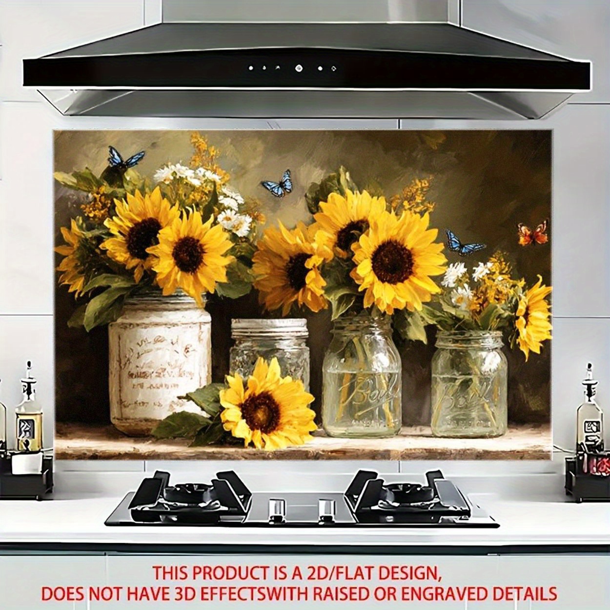 TEMU 1pc 2d Flat Sunflower Mason Jar Wall Sticker, 21.65*33.45 Inches Pvc Anti-oil Decal, Rustic Farmhouse Kitchen Decoration, 2d Flat