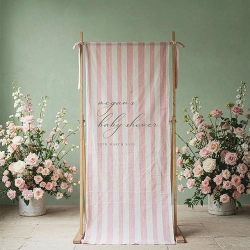 personalized baby shower banner pink striped sign custom baby girl shower backdrop shower welcome sign fabric sign decorative side ribbons not included
