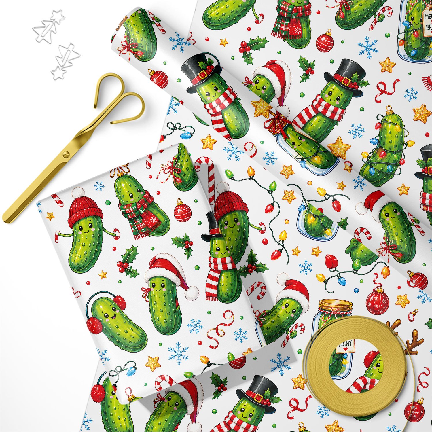 roll funny pickle themed christmas wrapping paper suitable for xmas gifts birthday party decorations with santa hats candy cane patterns single sided print multicolor gift wrap for diy crafts birthdays holiday presents christmas decor