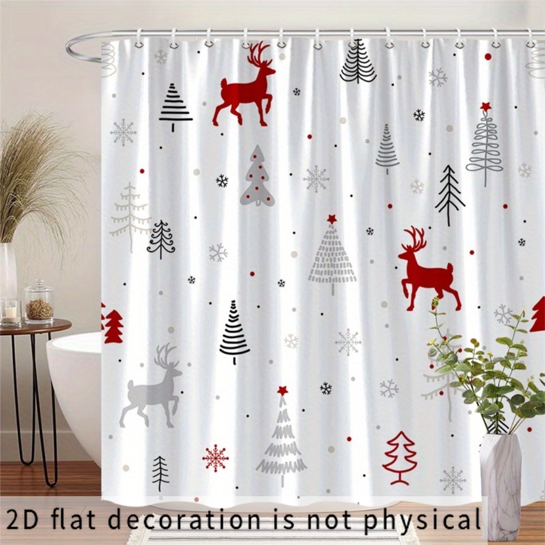TEMU 2d Flat, 2d Curtain 1pc, Minimalist Red Deer Christmas Shower Curtain, Comfortable, For Bathroom Makeover, An Elegant And A Space, Suitable For