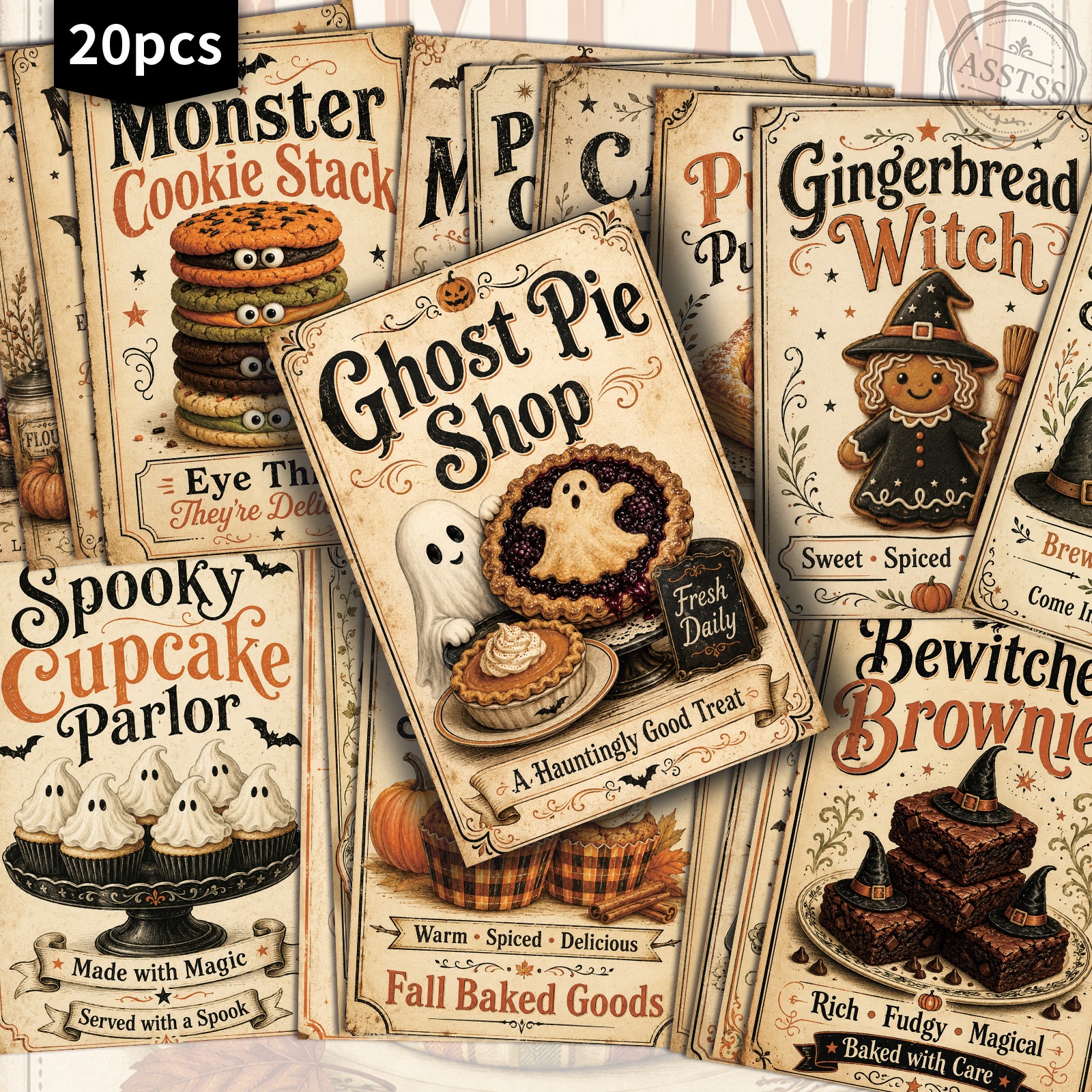 TEMU 20-pack Asstss Vintage Halloween Desserts Postcards - 4x6 Inches Retro Junk Journal Supplies, Classic Pinup Illustrations Collectible Decorative