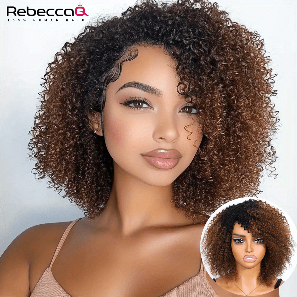 TEMU Perruque Courte Bouclée en Cheveux Humains avec Frange - Perruque Brésilienne Colle, Mèches en Valeur & 130%, Perruques Courtes Bouclées Unisexe