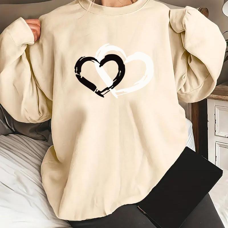 

Heart Print Fleece Loose Sweatshirt, Casual Crew Neck Long Sleeve Sweatshirt, Women's Clothing