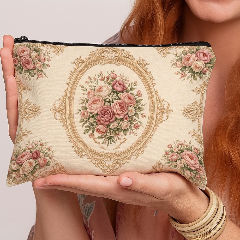 TEMU 1pc Vintage Floral Rococo Frame Pattern Makeup Bag - Romantic Rose Ornamental Pattern Portable Travel Women's Bags, Toiletry Bag With Zipper