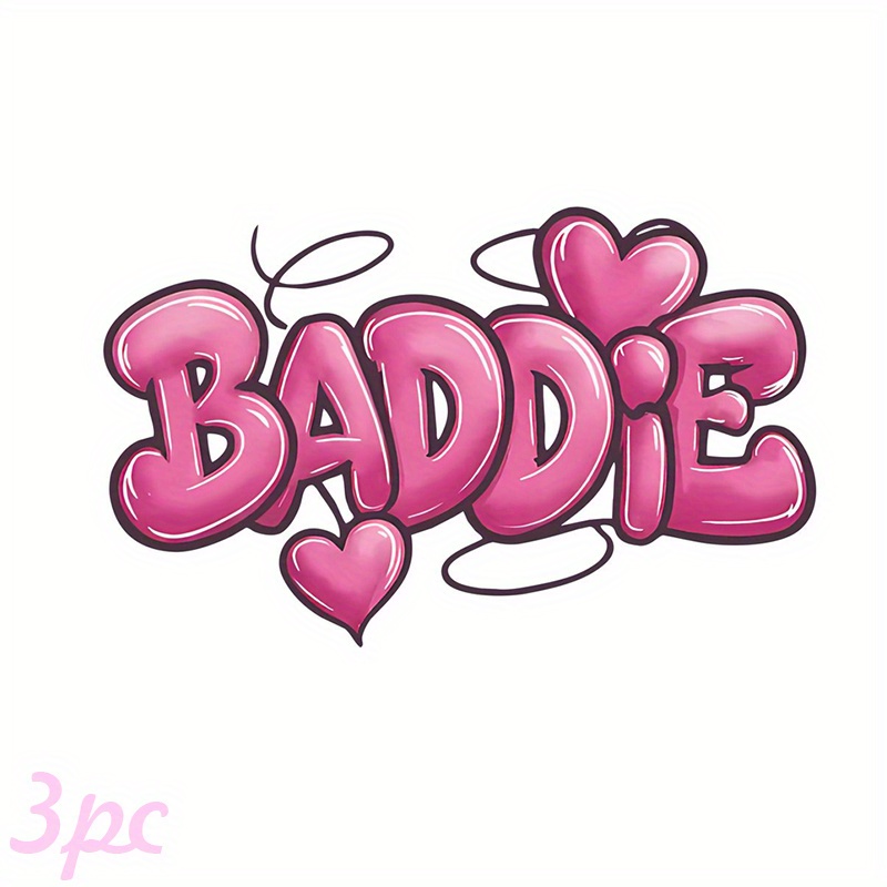 TEMU 3pcs Baddie Heat Transfer Stickers - Pink Heart With "badde", High-quality Fade-resistant Iron-on Patches, Suitable For T-shirts, Bags, Throw