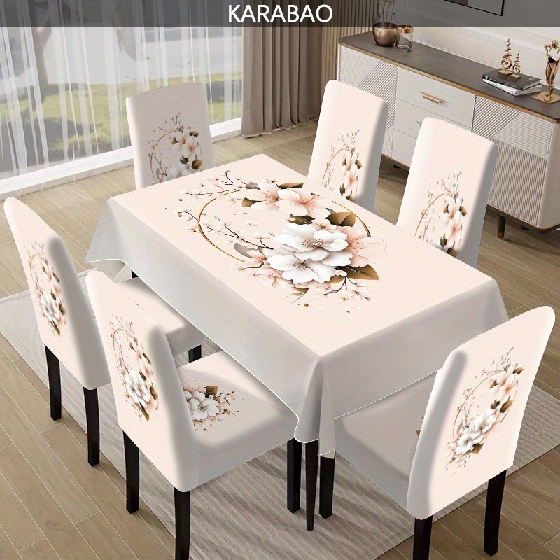 E-shop 7-tlg., 2D-flache Stuhlhussen Tischdecke mit einfachem Blumendruck, 1 Tischdecke + 6 Stuhlhussen, geeignet für Esszimmer, Wohnzimmer, ,