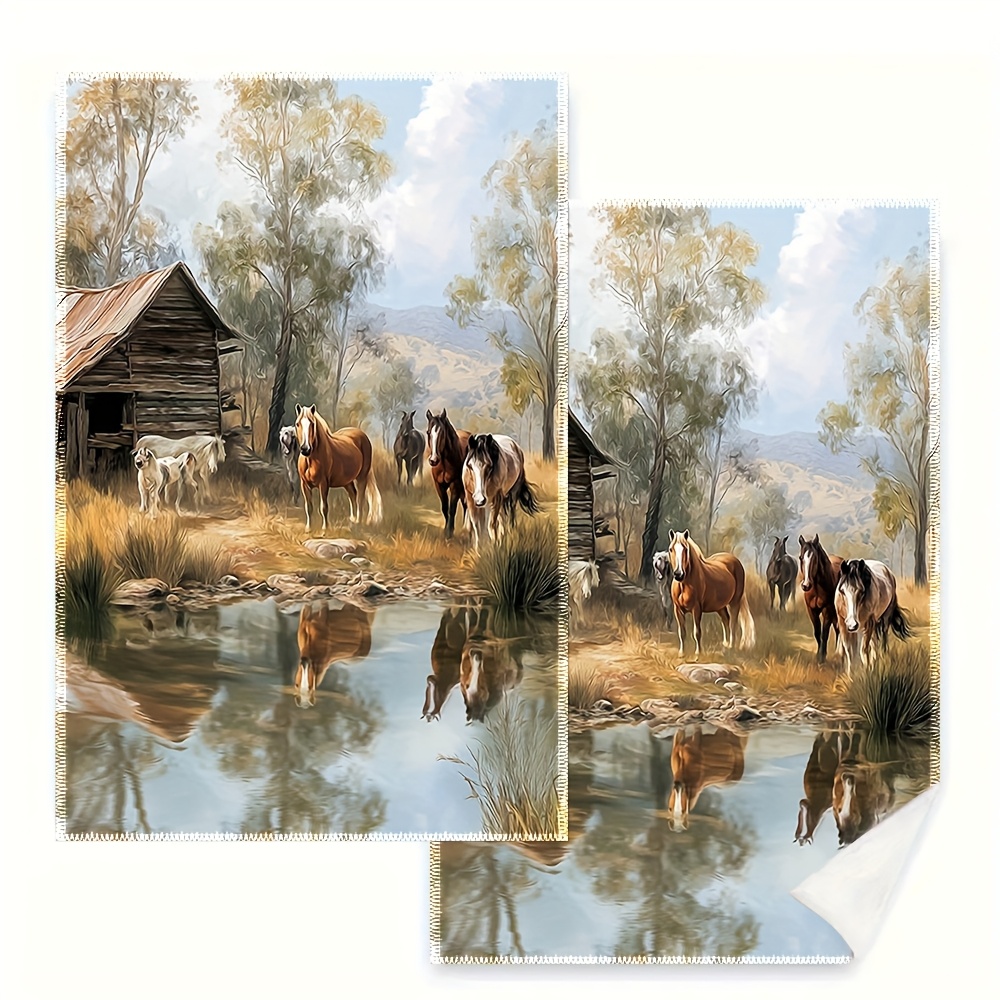 TEMU 2pcs Large Farmhouse Horse Pattern Kitchen Towels And Dish Cloths- 16x24inch Horse And Design, Durable Cloth Napkins, Suitable For Country