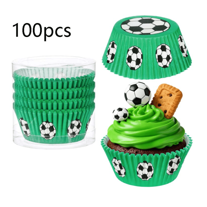TEMU Green Soccer-themed Baking Cups Suitable For Birthday Party Decorations - -resistant Paper Cake Cups With Soccer Patterns, For Use & Cupcake
