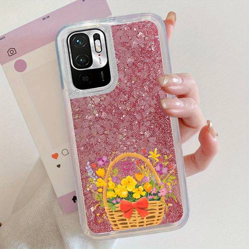 a protective case featuring a flower basket design with sequins and quicksand effects suitable for redmi note