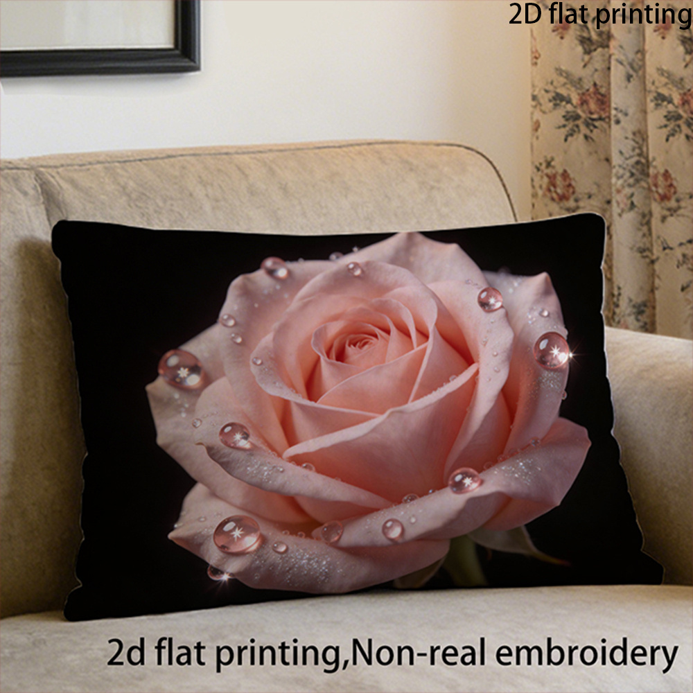 TEMU 2d Flat-1pc Light Luxury Pink Rose Pillowcase Pillowcase, Polyester Material, With Zipper, Machine Washable, Skin-friendly Cushion Cover,