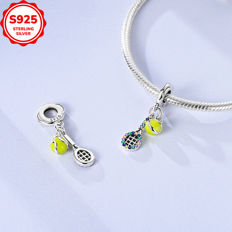 Exquisite 925 Silver Tennis Racket & Ball Pendant Charm
