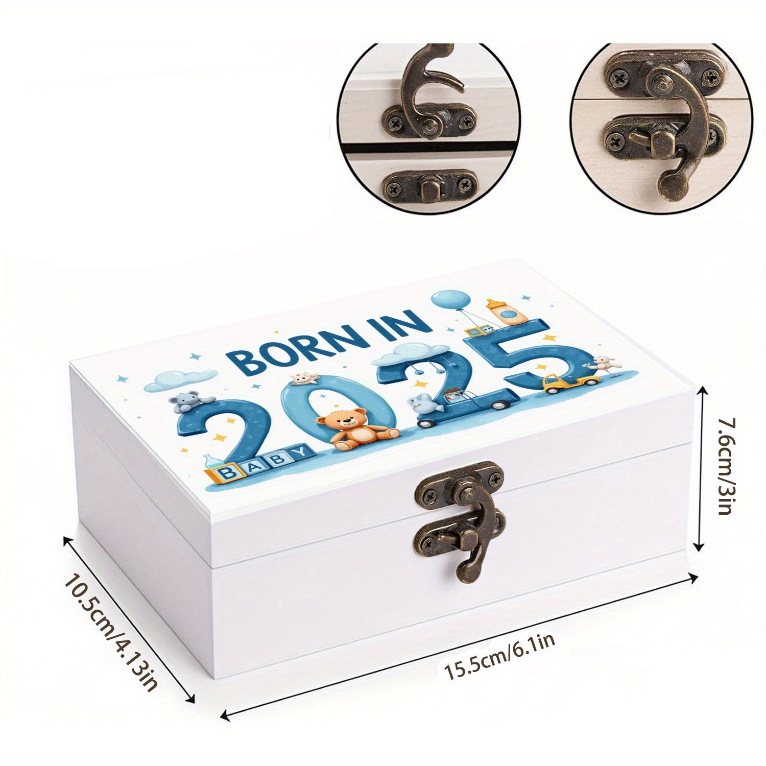 Image of White Wooden Keepsake Box With Born In 2025 Print For Baby's Memories, Lidded Storage Bins For Baby Shower, Keepsake, Newborn Baby Shower Gift