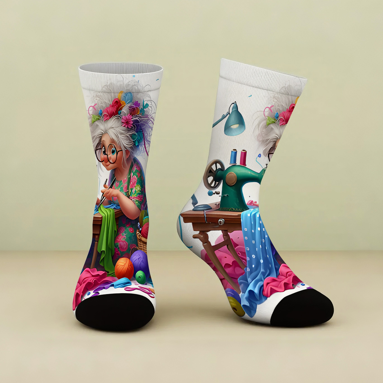 E-shop Ein Paar bedruckte Mid-Calf Socken, eine ältere Frau näht hochwertige Damensocken mit bedruckten Mustern an einer Nähmaschine, stilvolle und