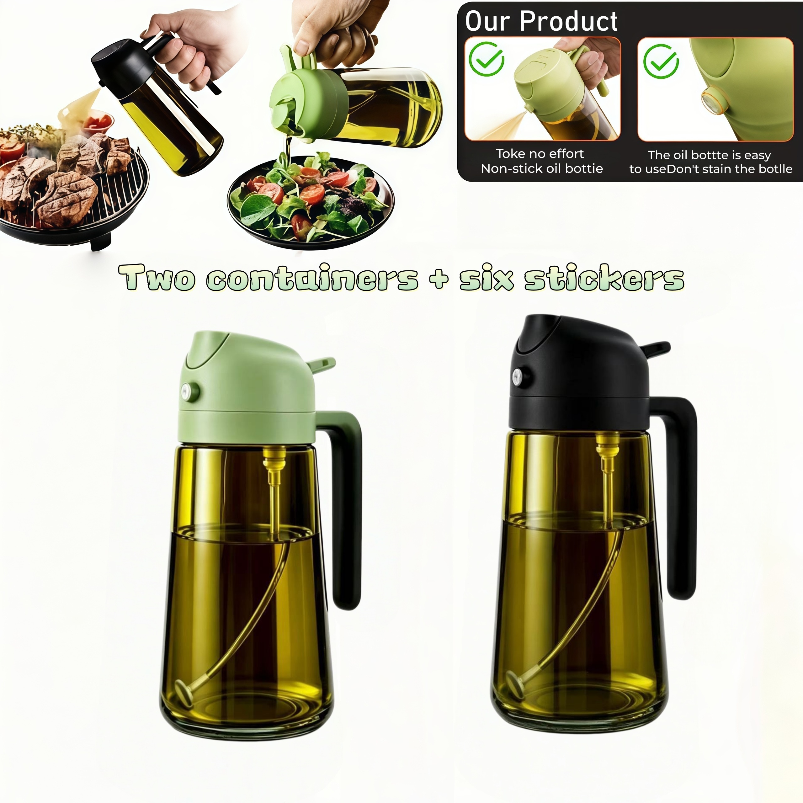 TEMU Kitchen Blackout Glass Dispenser Bottle, Oil Bottle With 2 Of Dispensing And Spray, 16oz Clear Glass Oil Bottle, Cooking Oil Spray Bottle,