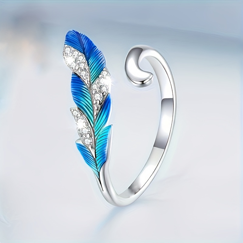 Women's Romantic Ethnic Style Blue Feather Ring with Zirconia