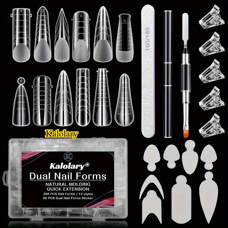 Kalolary Dual Nail Form Kit, 288pcs Poly Nail Gel Forms For French Nails, 12 Styles Dual Forms Reusable Pads, 5pcs Nail Clips, Gel Brush Pen Nail Files Buffer, Nail Extension Kit For Beginner