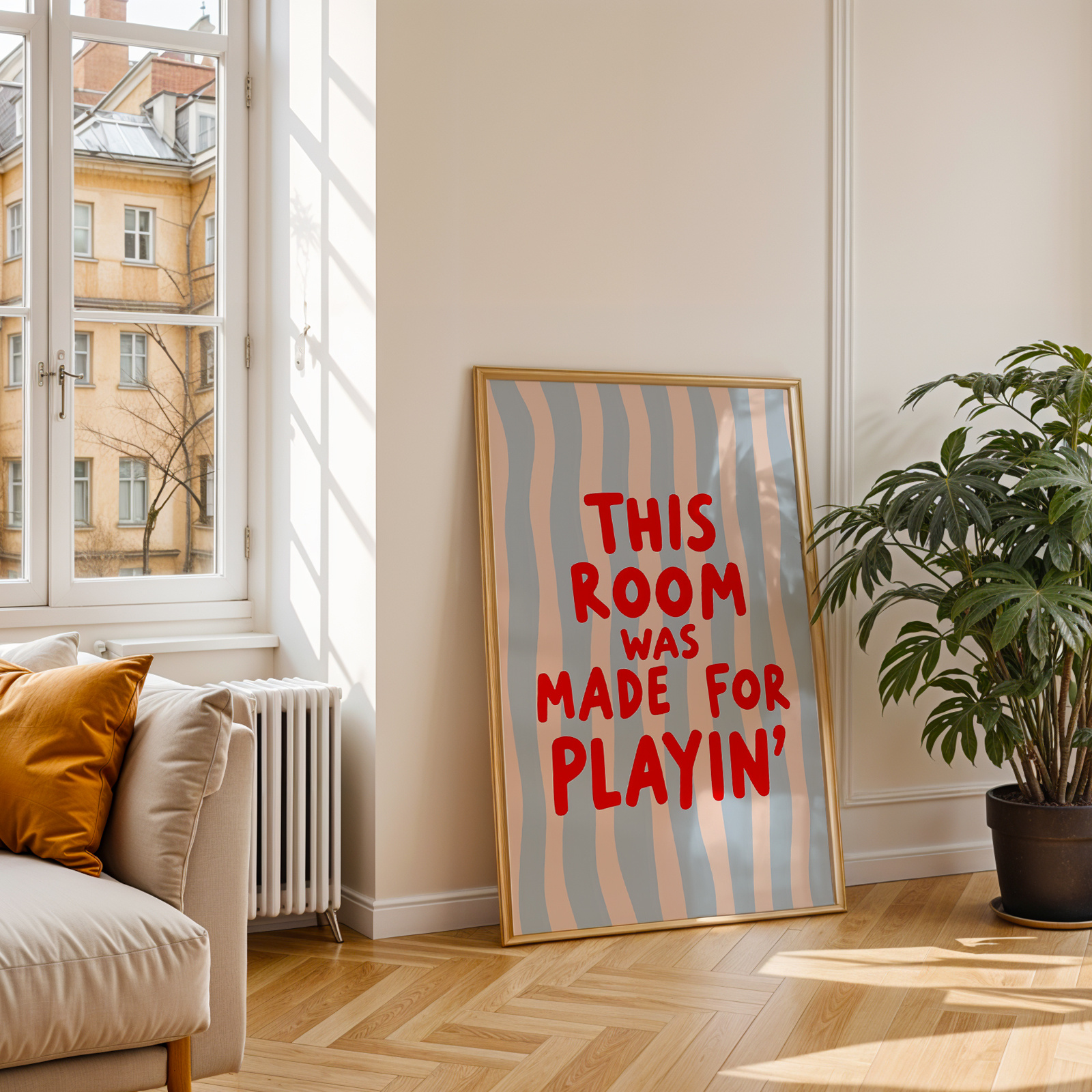 E-shop 2D Flach, 2D Flach, ., Wandkunst, Retro Poster, "This Room Is for Playing" Zitat Kunstdruck, Blau- und Rotgestreiftes minimalistisches