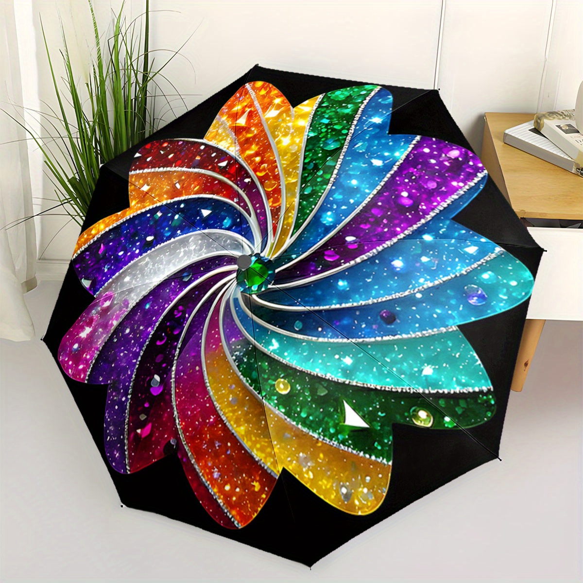 Image of Automatic Folding Umbrella Vibrant Swirl Of Colorful Petals With Accents. Portable Collapsible Design, Casual Outdoor Accessory, For , Christmas Birthday Festival Gift