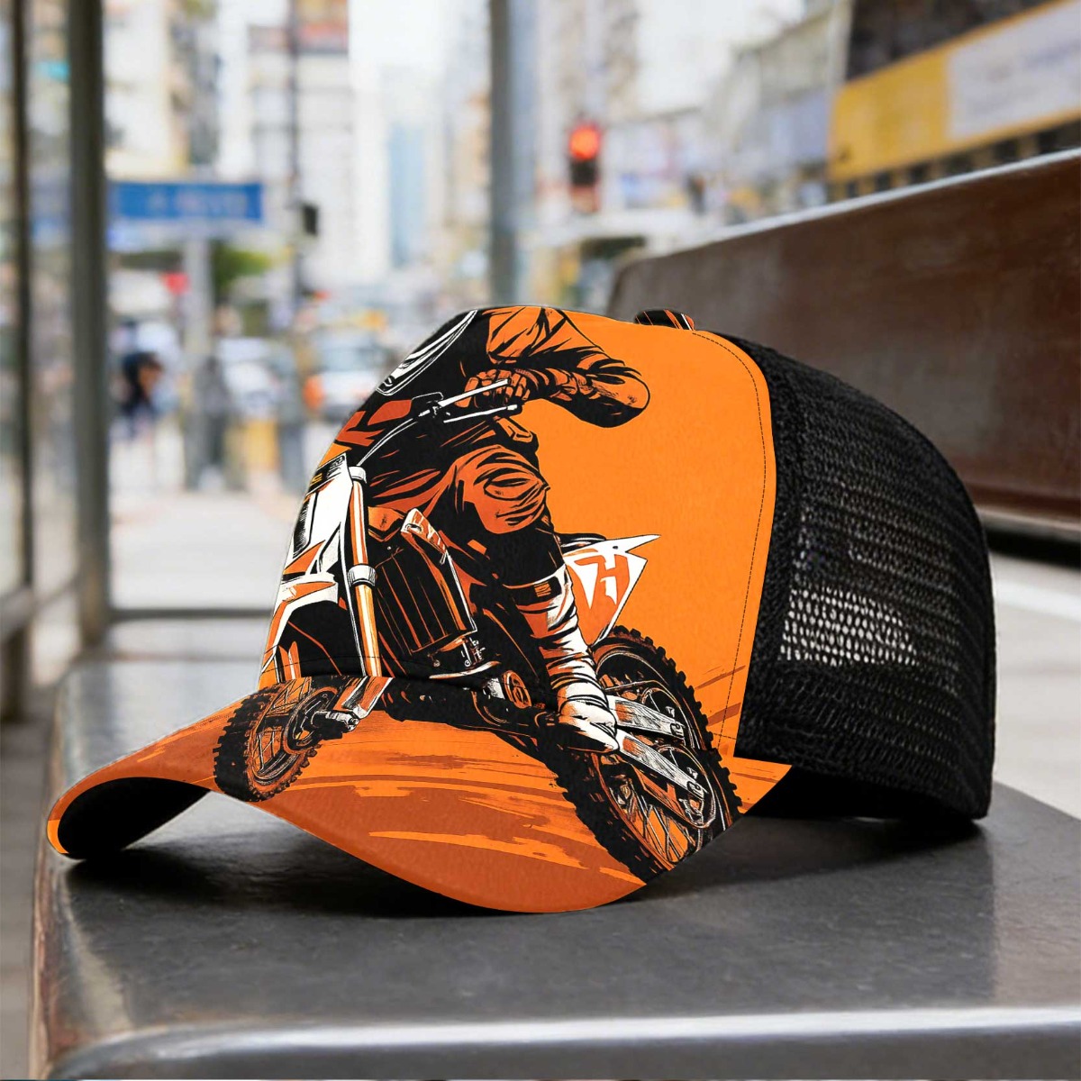 TEMU 1pc Men' & Women' Dirt Jump Print Duckbill Cap - Breathable Mesh Half-brim Hat With Motorbike Rider Design, Lightweight Suitable For Daily Wear,