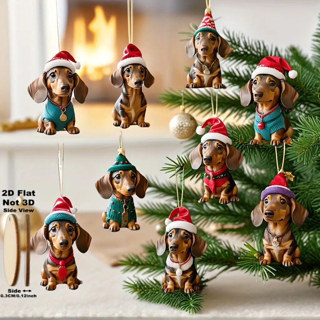 TEMU 2d Flat Design, 9 Adorable Wooden Dachshund Ornaments Suitable For Hanging On Christmas Trees, Santa Decorations, Christmas Party Supplies,