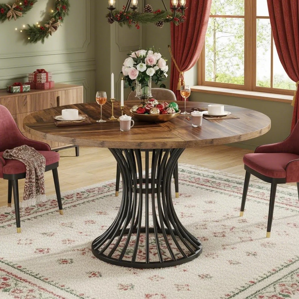 Farmhouse Rustic Brown Round Dining Table, 75cm Kitchen Table For 4-6, Metal Base Dinner Table For Christmas Gathering (only Table 1pc)