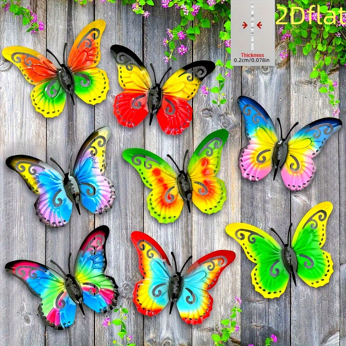 TEMU Ornements à suspendre 2D plats, 8 pièces, colorés, décor extérieur papillon - Décoration murale de jardin et de cour en plastique aux