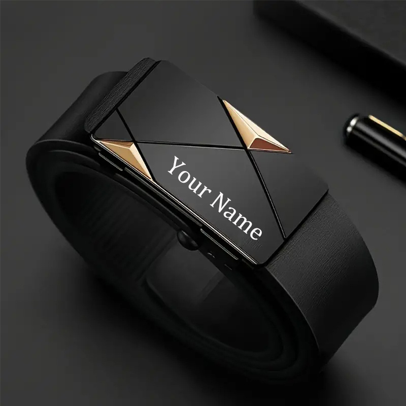 TEMU Men's Custom Name Text Logo Belt With Automatic High Quality Alloy Personalized Gift For Father's Day Him Husband Birthday Anniversary