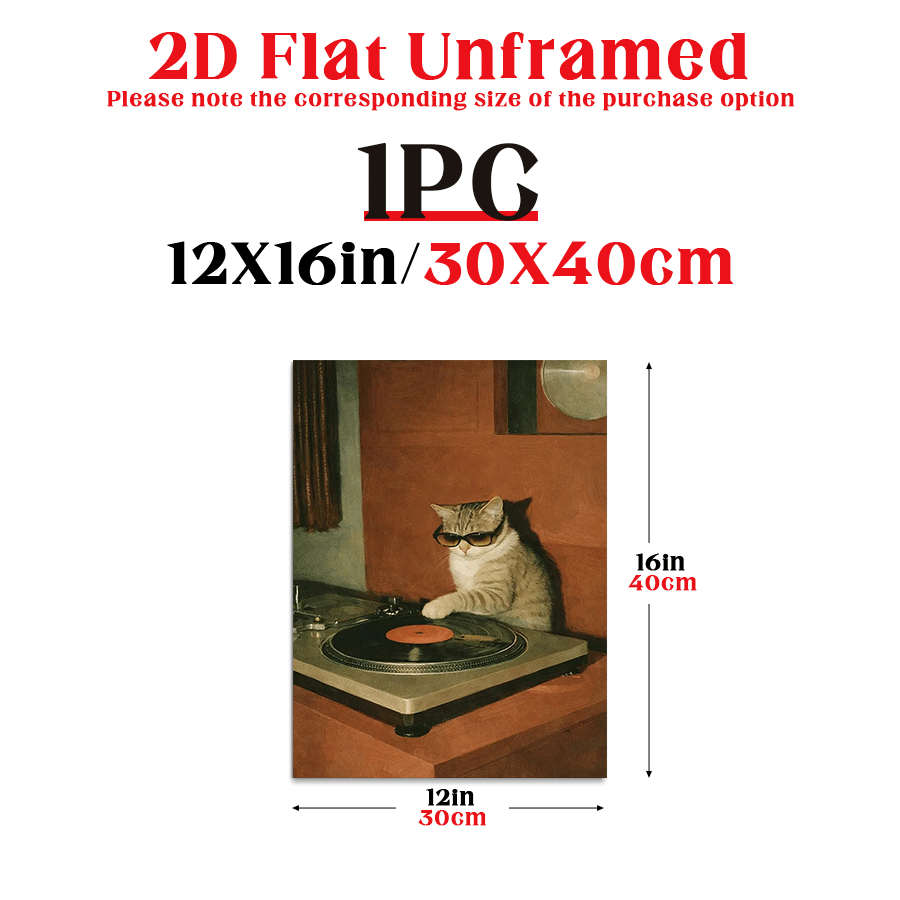TEMU 2d Flat, 2d Flat Posters And Prints, Cool Dj Cat Wall Art Poster, Retro Modern Canvas Print, Music Vinyl Turntable Scene For Living Room Bedroom