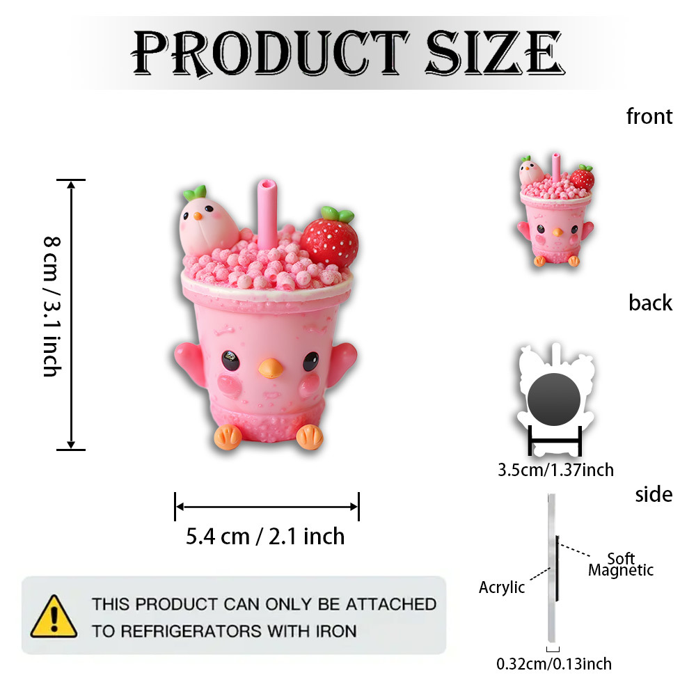 TEMU Cute Bubble Tea Magnet With Strawberry Topper & Face Charm - Kawaii Acrylic Phone/fridge Magnets Suitable For Teens, Desk Decor, Tea, Strawberry