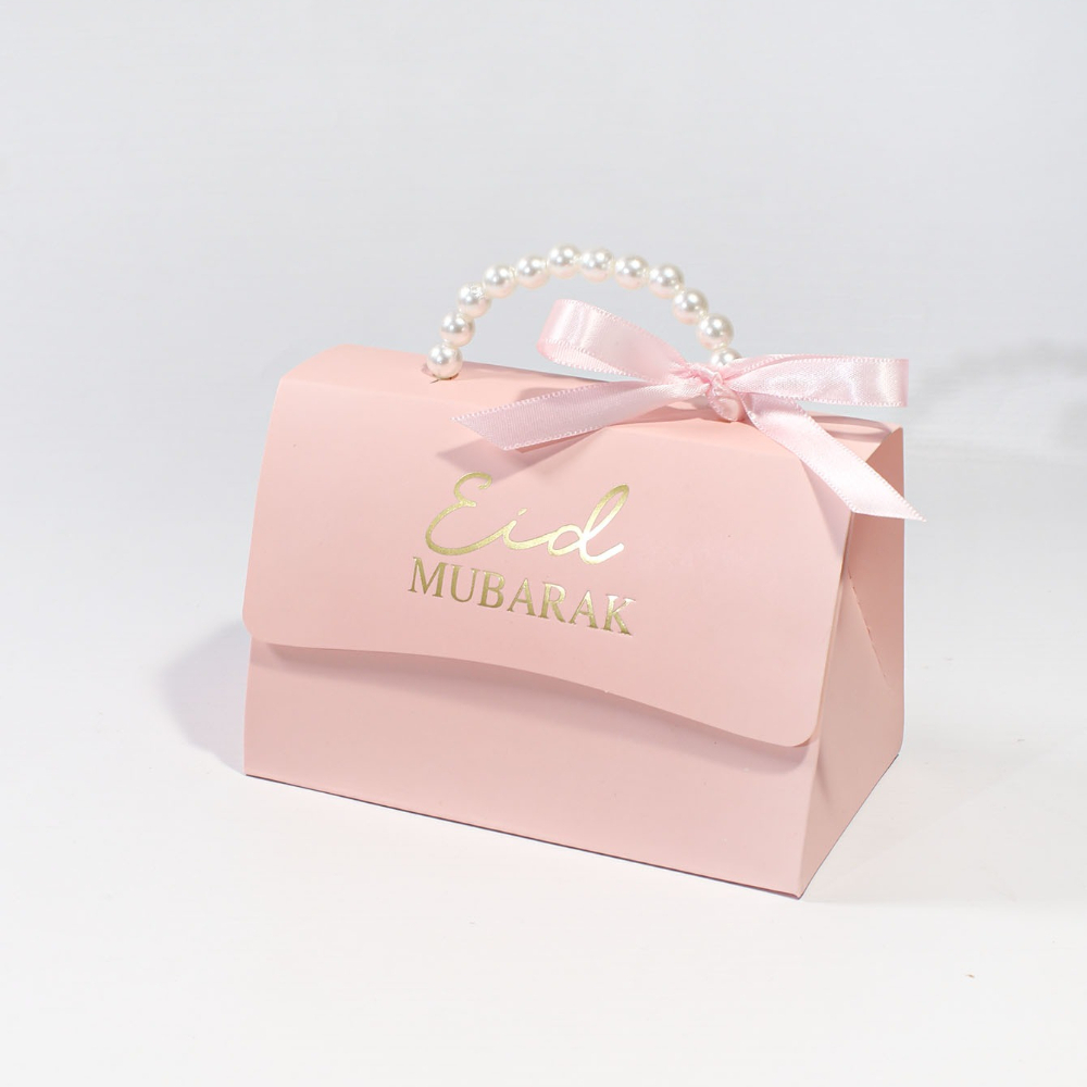 Image of 5pcs Gift Box With Pearl Handle, Pink Paper Favor Box With Satin Bow, Small Gift Packaging For Eid Al-fitr & Eid , Candy Chocolate Treat Box, Festival Party Favor Box